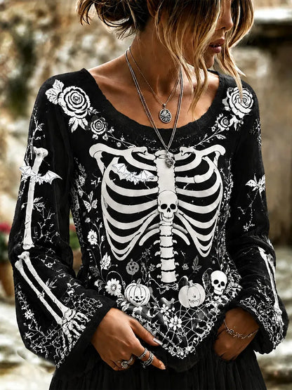 Halloween Skull Art Black And White Contrast Cotton Linen Long-sleeved Top