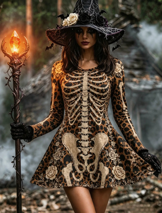 Women's Halloween Jacquard Pattern Human Skull In Leopard Art Round-neck Mini Dress
