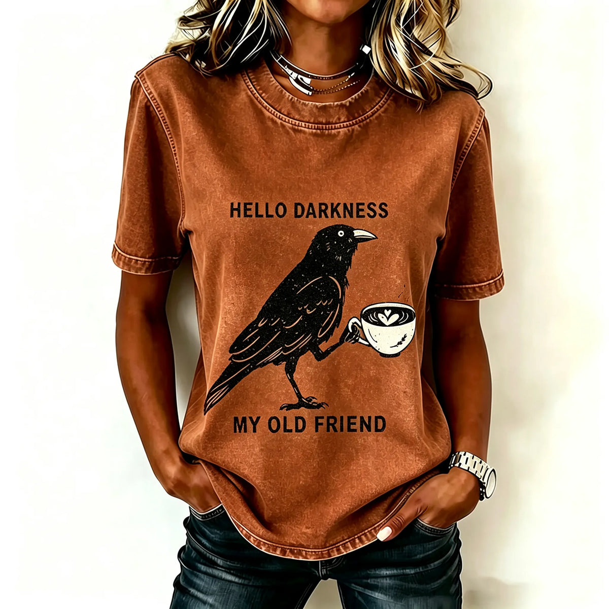 Hello, Darkness, My Old Friend Halloween Print Crew Neck T-shirt