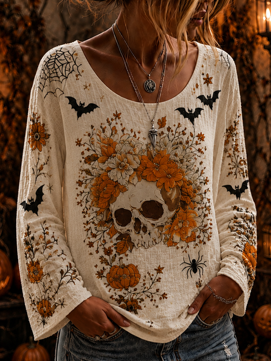 Women's Halloween Spooky Skull, Spiderweb & Pumpkin Long-sleeve Top