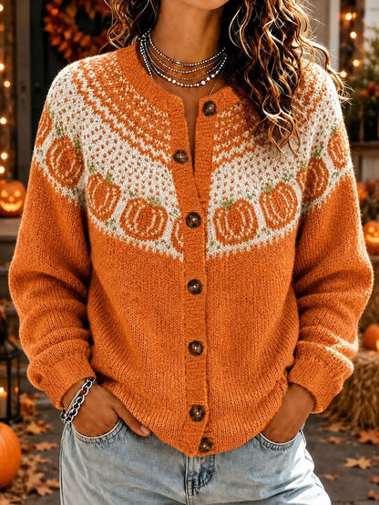 Women's Halloween Pumpkin Pattern Jacquard Fair Isle Knit Button Cardigan
