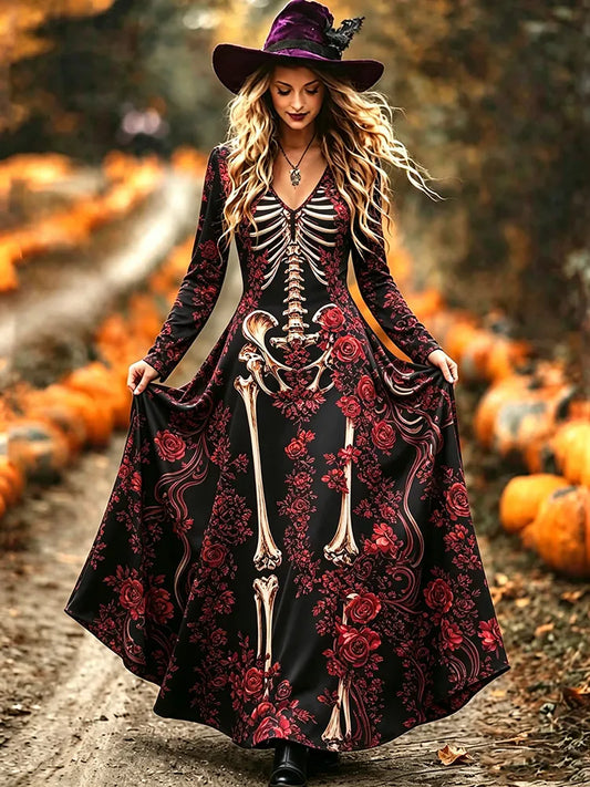 Women's Floral Skeleton Print Halloween V-neck Long Sleeve Dress