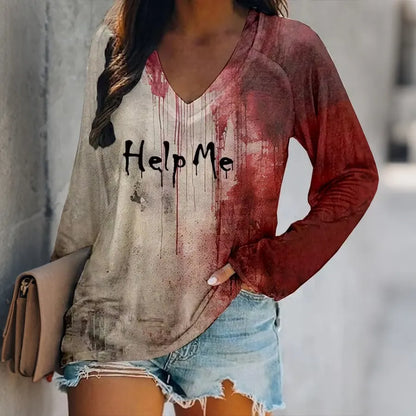 Women's Bloody Help Me Halloween Art Printed Long Sleeve T-shirt
