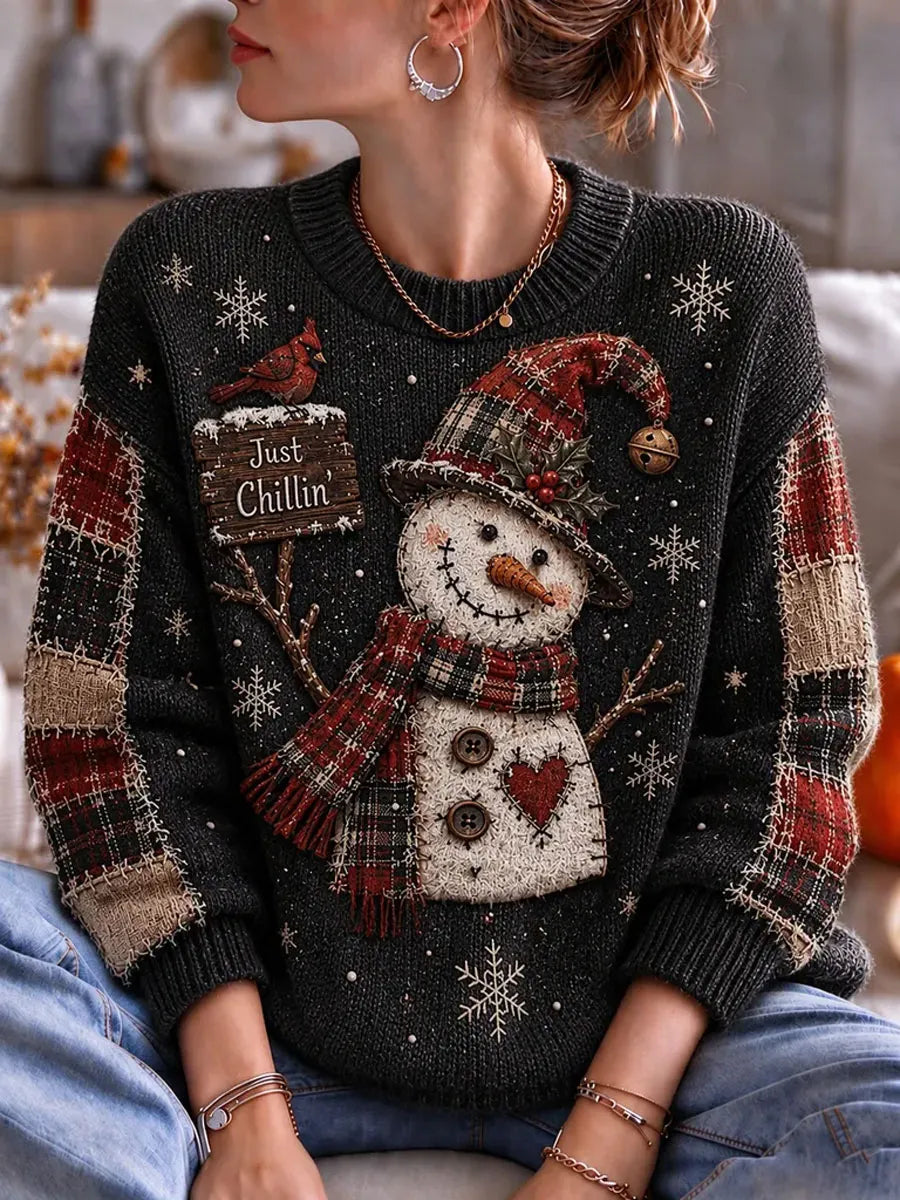 Ladies' Christmas Snowman Pattern Casual Knitted Shirt