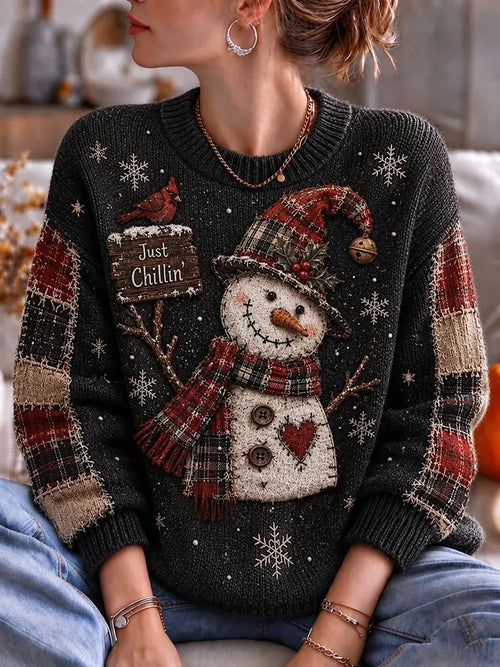 Ladies' Christmas Snowman Pattern Casual Knitted Shirt