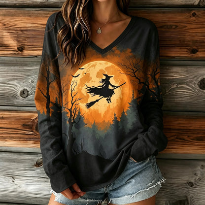 Women's Halloween Broom Print V-neck Long-sleeved T-shirt
