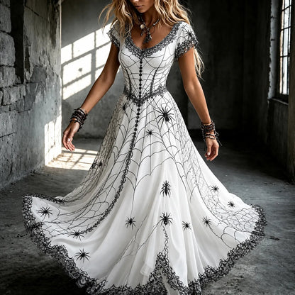 Women's Dark Gothic Spider Design V-neck Short-sleeved Dress