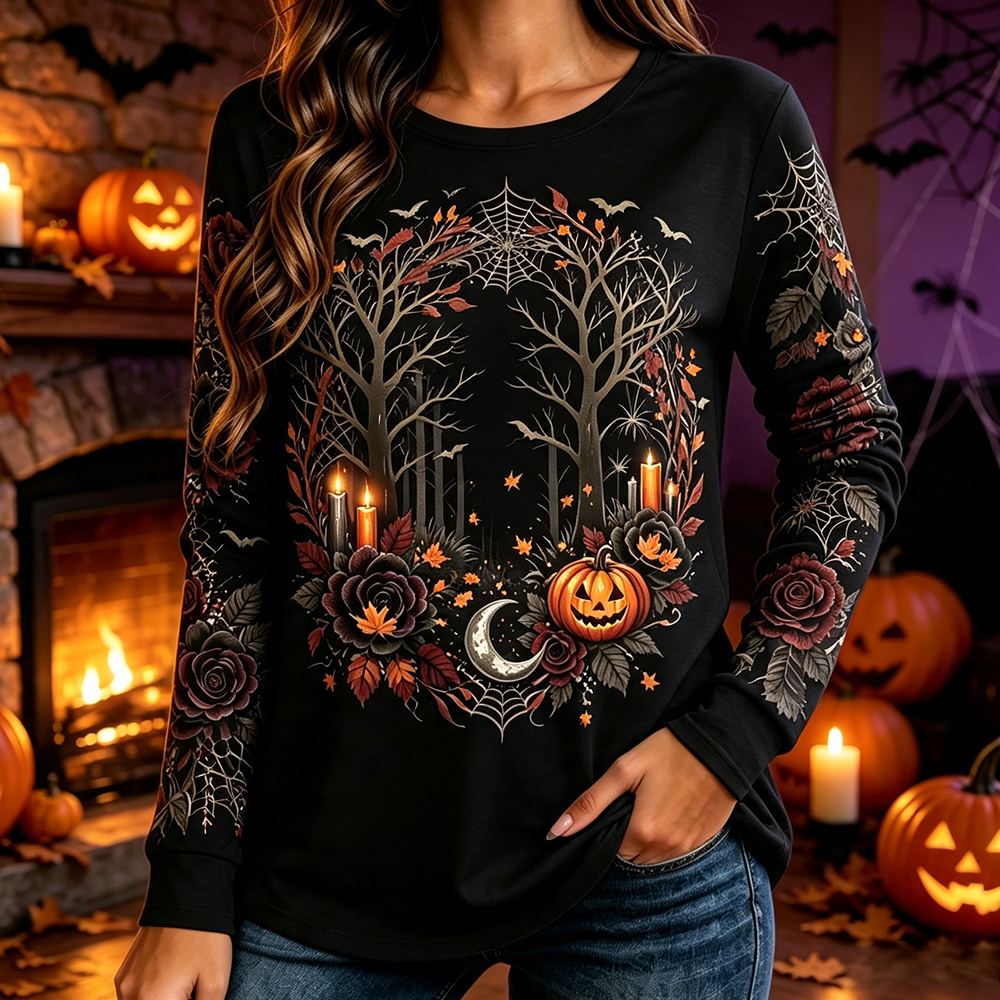 Women's Halloween Spooky Pumpkin And Rose Print Long-sleeve Casual Sweatshirt