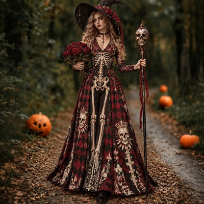 Women's Vintage Halloween Skeleton With Red Plaid Art Comfy Linen Maxi Dress