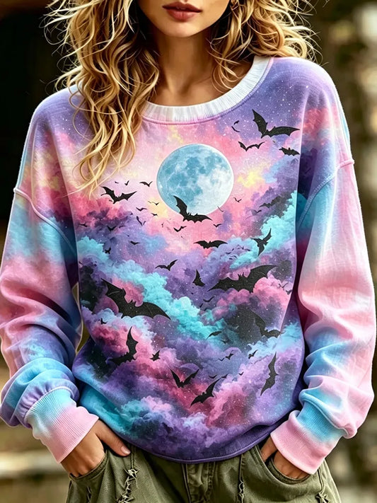 Women's Pastel Goth Crewneck Sweatshirt With Full Moon, Clouds, And Flying Bats Print