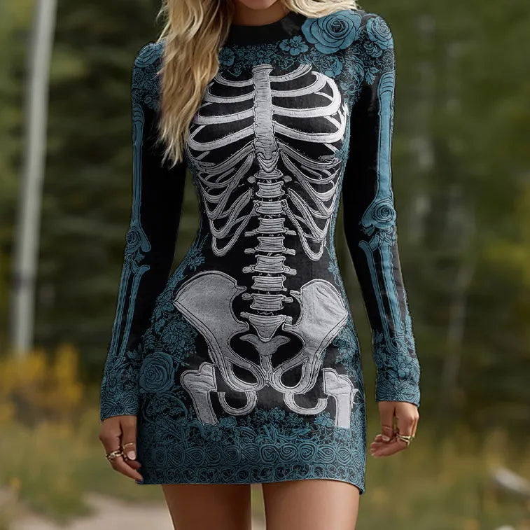 Women's Halloween Skeleton Bones Leather With Rose Pattern Art Hot Sexy Style Cozy Knit Mini Sweater Dress