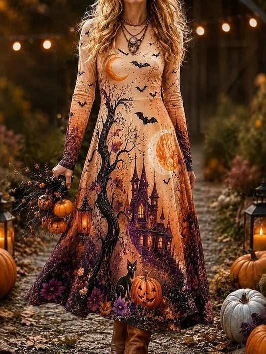 Women's Retro Halloween Castle Pumpkin Black Cat Bat Print Round Neck Long Sleeve Dress