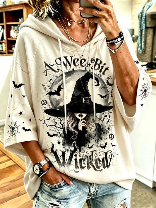 Women's Retro Halloween Witch Letter Bat Spider Web Print Hoodie
