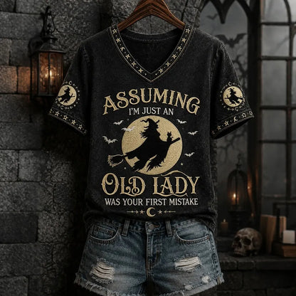 Assuming I'm Just An Old Lady Women's Halloween Print Pattern Casual V-neck T-shirt