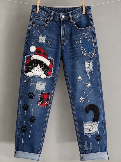 Women'S Christmas Cat Printed Casual Jeans