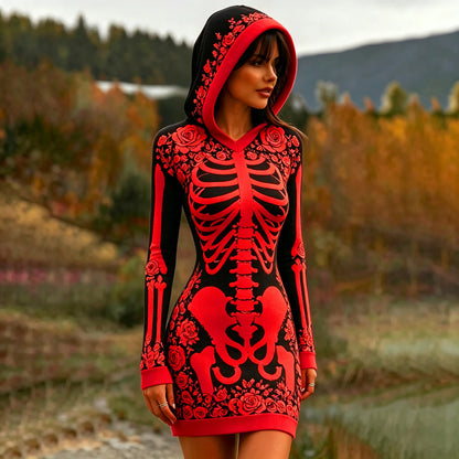 Women's Vintage Halloween Skeleton Bones With Rose Art Cozy Knit Hooded Sweater Dress
