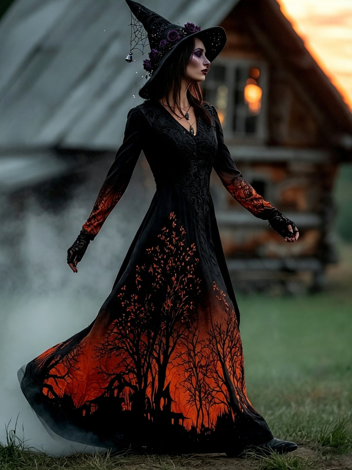 Women's Halloween Gradient Treehouse Print Witch V-neck Maxi Dress