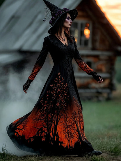 Women's Halloween Gradient Treehouse Print Witch V-neck Maxi Dress