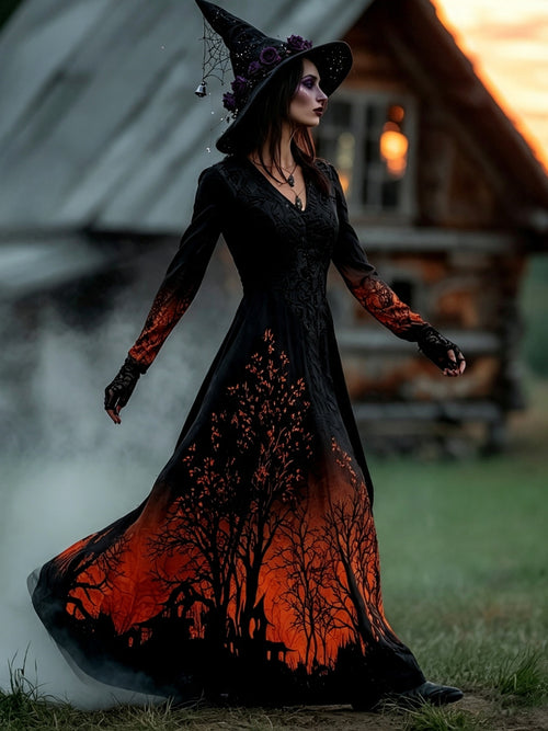 Women's Halloween Gradient Treehouse Print Witch V-neck Maxi Dress