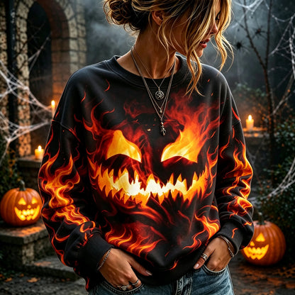 Women's Spooky Flaming Pumpkin Lantern Halloween Crew Neck Sweatshirt