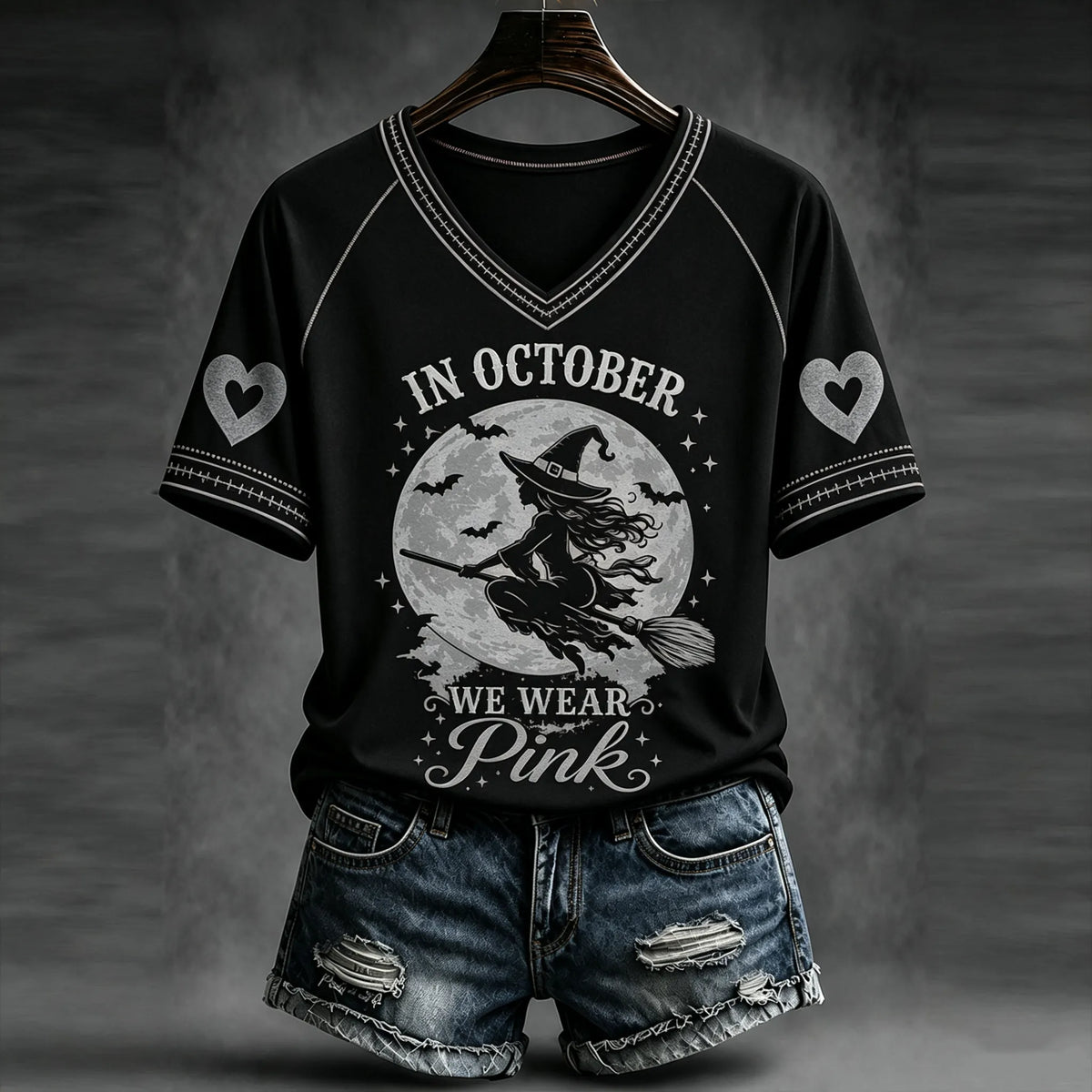 Women's Halloween Witch Broom Print Art V-neck Casual Top