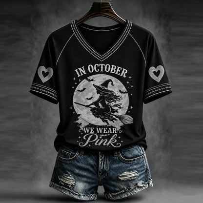 Women's Halloween Witch Broom Print Art V-neck Casual Top
