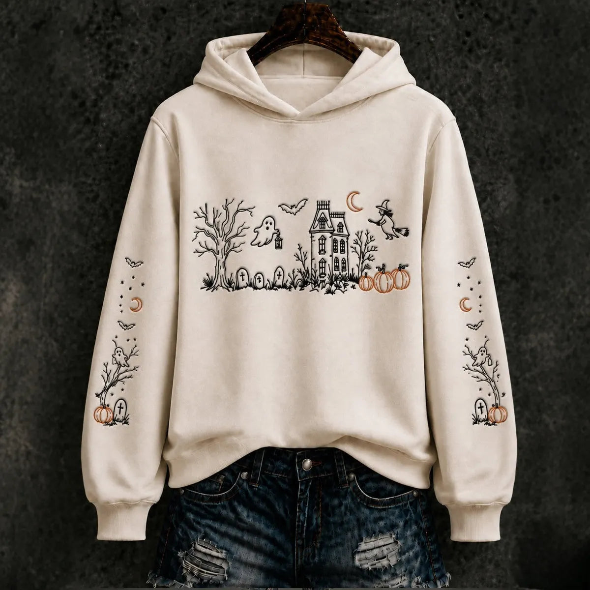 Women's Halloween Ghastly Witch Pumpkin Bat Regular Hoodie