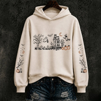 Women's Halloween Ghastly Witch Pumpkin Bat Regular Hoodie