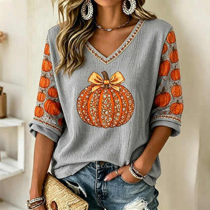 Women's Autumn Pumpkin Rhinestone Pattern Casual Mid-sleeve T-shirt