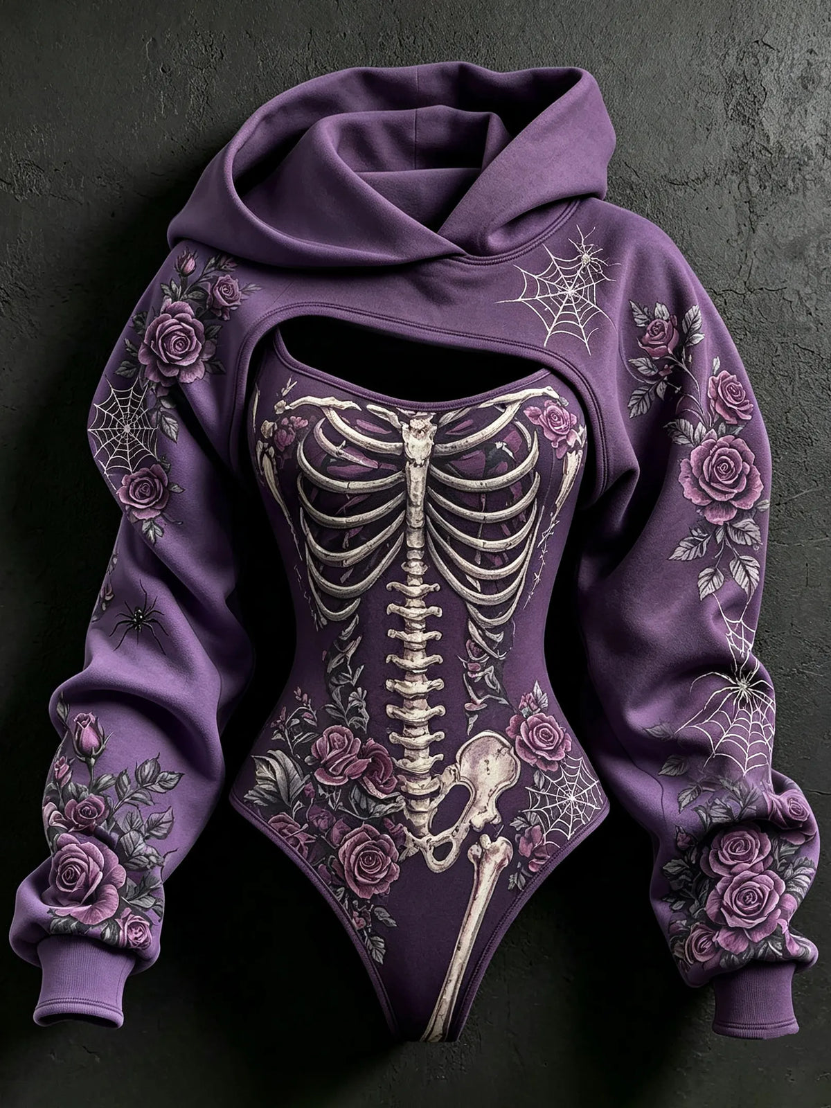Women's Halloween Rose Skeleton Spider Web Hoodie Two-piece Set