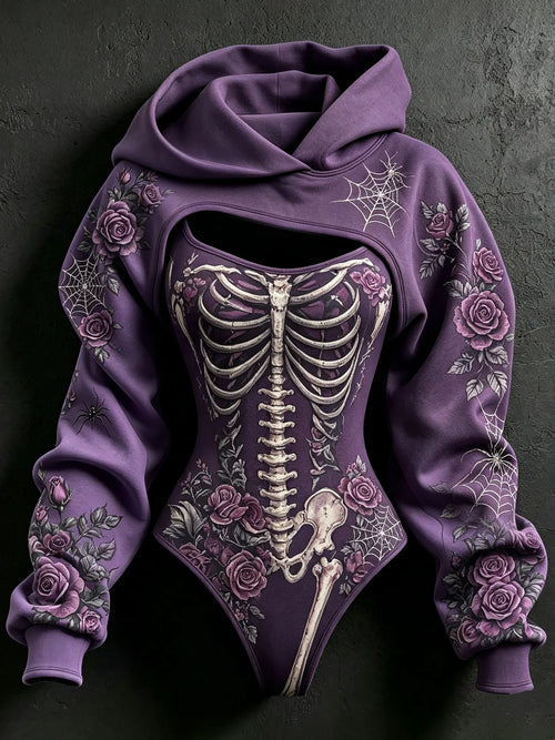 Women's Halloween Rose Skeleton Spider Web Hoodie Two-piece Set