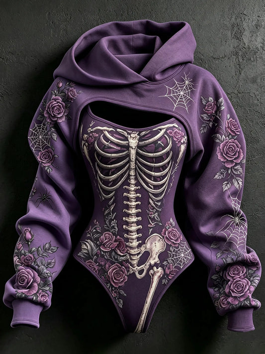 Women's Halloween Rose Skeleton Spider Web Hoodie Two-piece Set