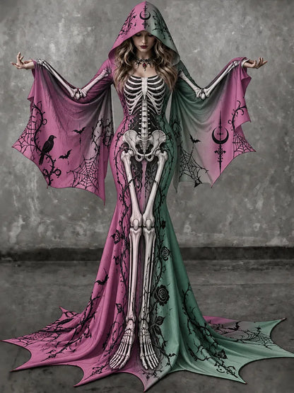 Women's Gothic Skeleton Batwing Flare Sleeve Round Neck Bodycon Maxi Dress With Hooded – Halloween Costume
