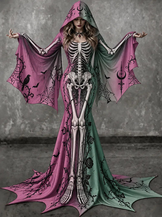 Women's Gothic Skeleton Batwing Flare Sleeve Round Neck Bodycon Maxi Dress With Hooded – Halloween Costume