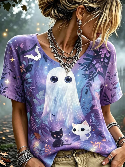 Women's Cute Ghost & Cat Graphic T-shirt - Halloween Spooky V-neck Short Sleeve Tee