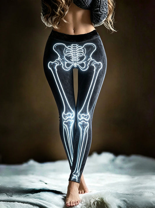 Elegant Halloween Glowing Skull Art Slim Fit Leggings