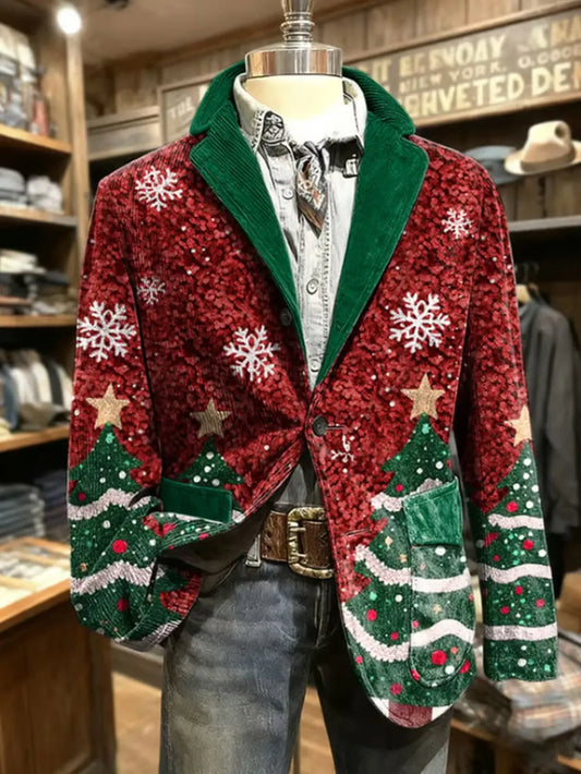 Men's Christmas Tree And Snowflakes Print Corduroy Blazer