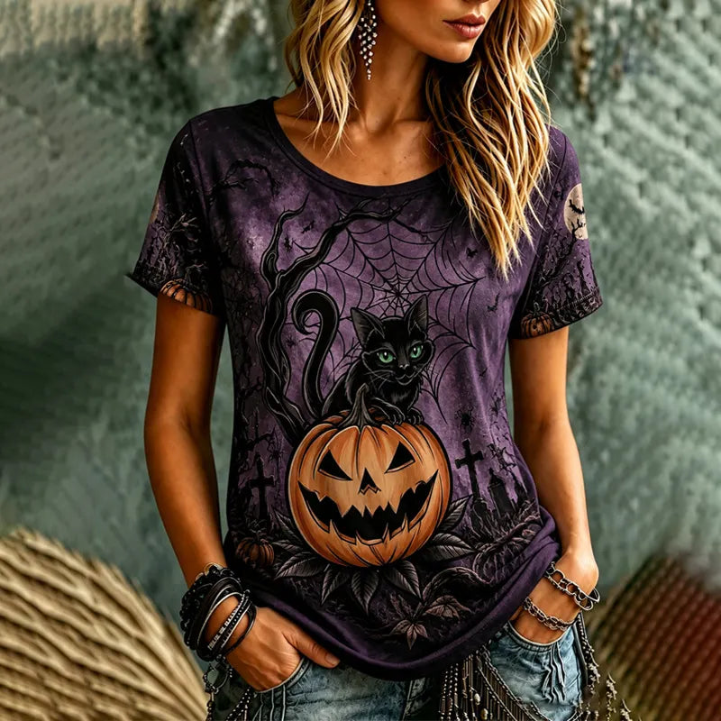 Women's Gothic Halloween Cat On Pumpkin Pattern Short Sleeve Top