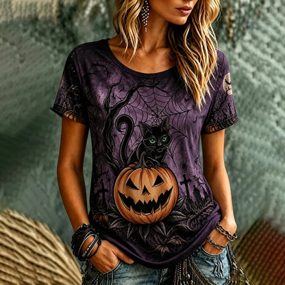 Women's Gothic Halloween Cat On Pumpkin Pattern Short Sleeve Top