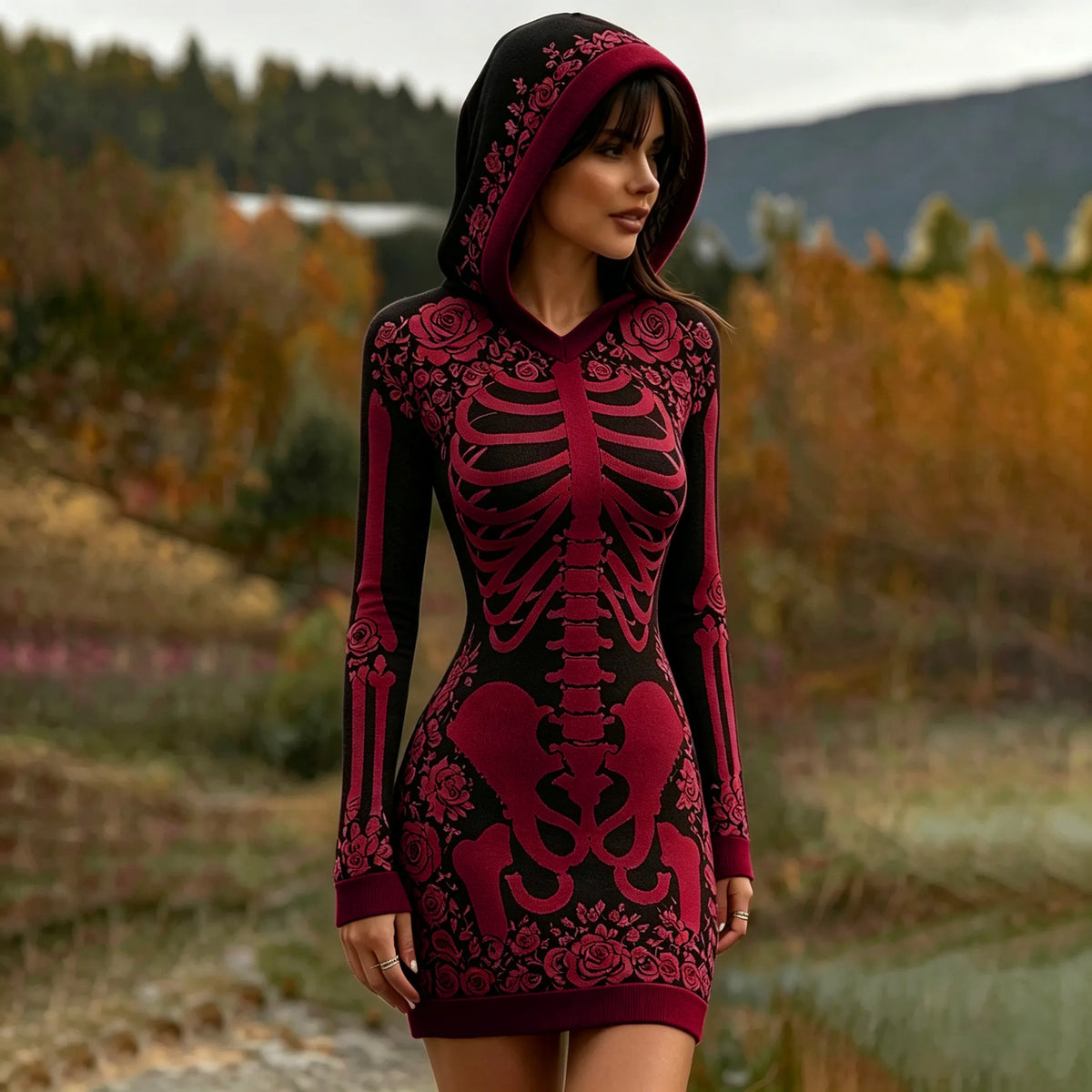 Women's Vintage Halloween Skeleton Bones With Rose Art Cozy Knit Hooded Sweater Dress
