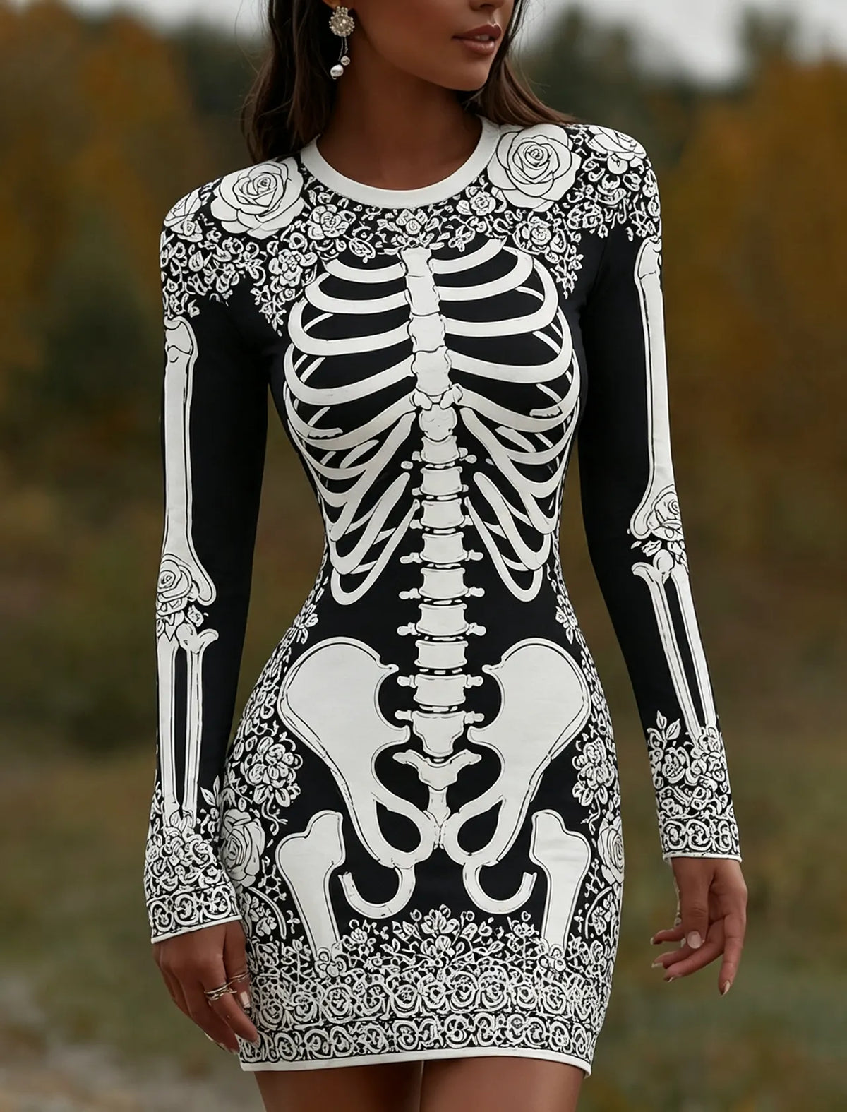 Women's Vintage Halloween Skeleton Bones With Rose Art  Mini Dress