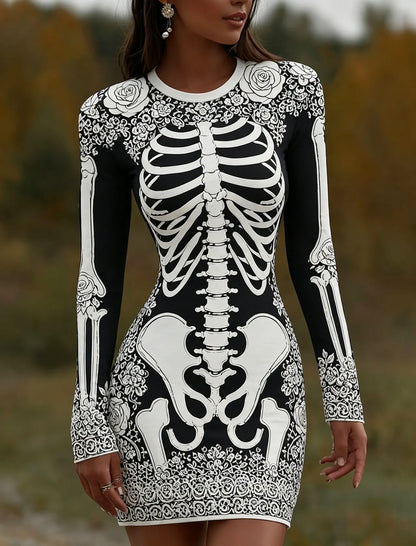 Women's Vintage Halloween Skeleton Bones With Rose Art  Mini Dress