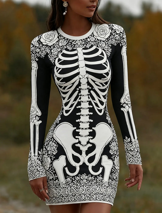 Women's Vintage Halloween Skeleton Bones With Rose Art  Mini Dress