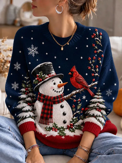 Ladies' Christmas Snowman Pattern Casual Knitted Shirt
