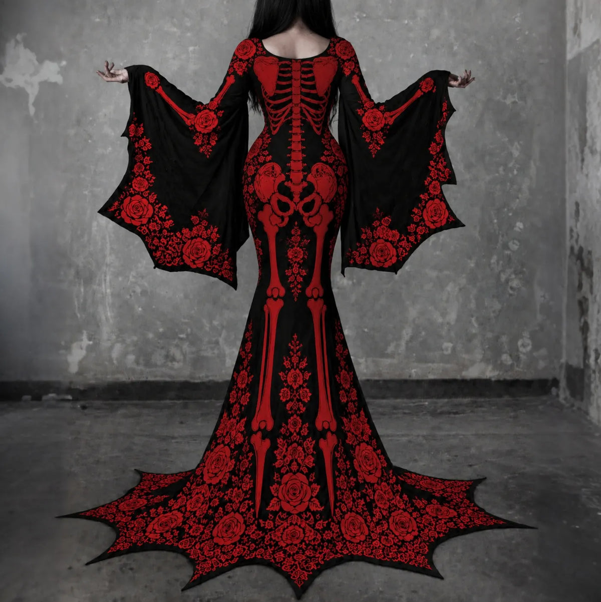 Women's Gothic Skeleton With Red Roses Batwing Flare Sleeve Round Neck Bodycon Maxi Dress – Halloween Costume