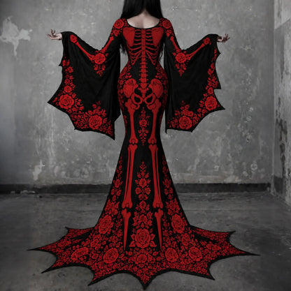 Women's Gothic Skeleton With Red Roses Batwing Flare Sleeve Round Neck Bodycon Maxi Dress – Halloween Costume