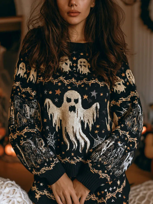 Women's Halloween Spooky Ghost Theme Art Knit Vintage Crewneck Sweater