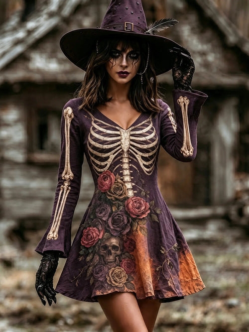 Women's Halloween Skull And Floral Gothic Patterns Art V Neck Mini Dress