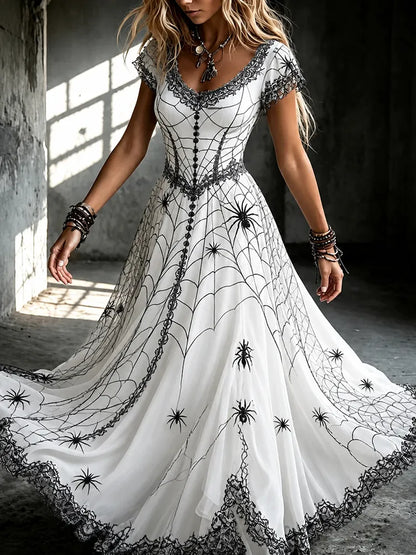 Women's Dark Gothic Spider Design V-neck Short-sleeved Dress