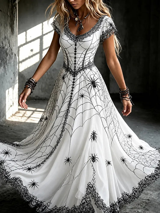 Women's Dark Gothic Spider Design V-neck Short-sleeved Dress